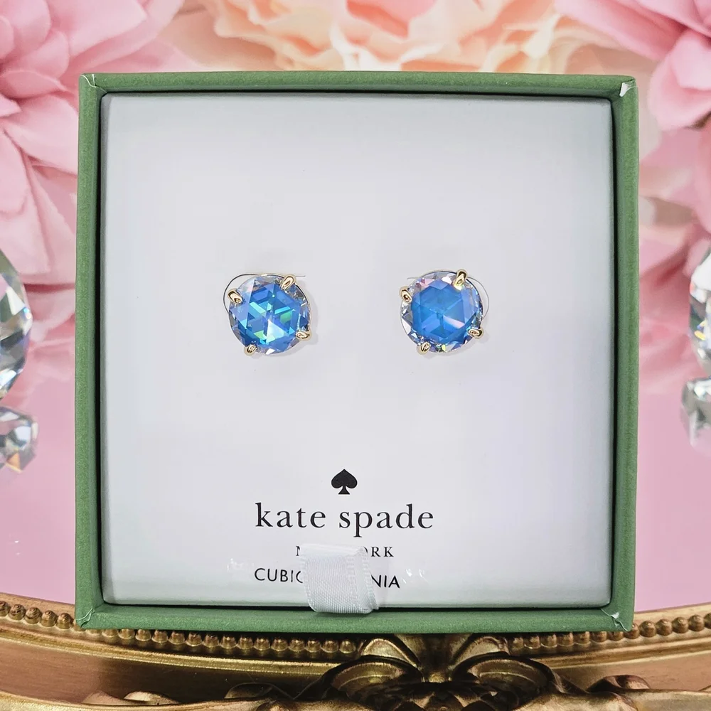 Kate Spade Round Stud Earrings Sapphire Colored Gold Tone CZ Gift Box Colorful